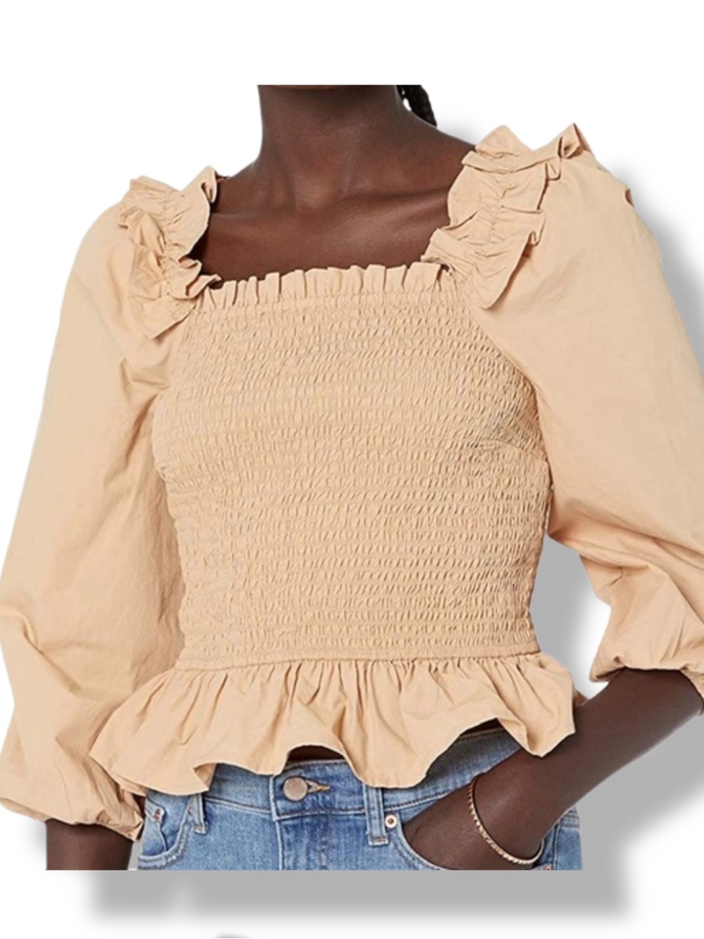 NWT The Drop Marisol Long Sleeve Ruffle Smocked Top - Tan - Small